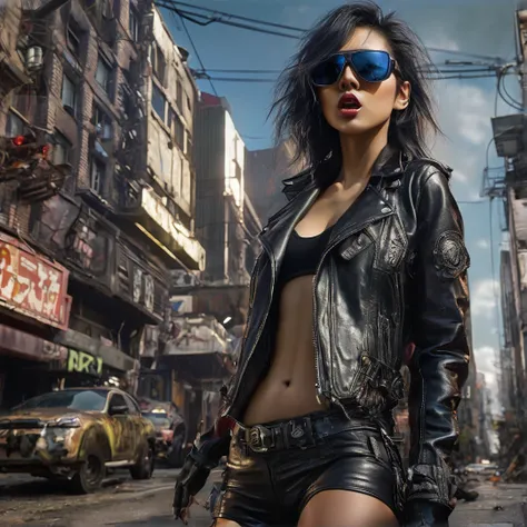 Heavy metal album cover female singer stage band, post-apocalyptic city, insanely detailed real shiny skin, masterpiece body quality, black leather pants, real color, erotic and strong, black sunglasses, perfect nose, perfect lips and mouth, 8k resolution🔥...