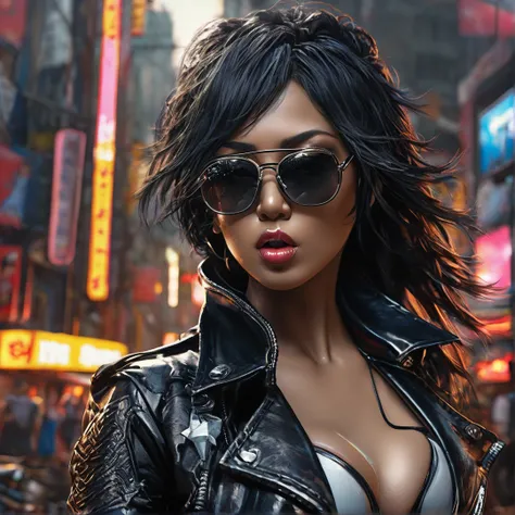 Heavy metal album cover female singer stage band, post-apocalyptic city, insanely detailed real shiny skin, masterpiece body quality, black leather pants, real color, erotic and strong, black sunglasses, perfect nose, perfect lips and mouth, 8k resolution🔥...