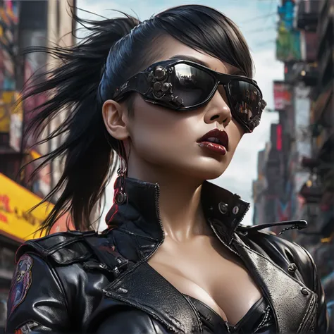 Heavy metal album cover female singer stage band, post-apocalyptic city, insanely detailed real shiny skin, masterpiece body quality, black leather pants, real color, erotic and strong, black sunglasses, perfect nose, perfect lips and mouth, 8k resolution🔥...