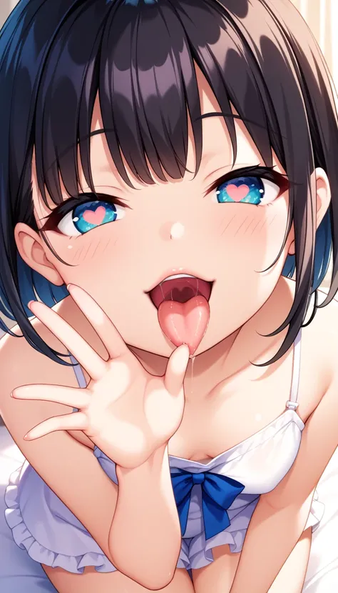 1girl, tiny girl, young girl, mesugaki, mesugaki smile, tidy, yoing lady, long hair, Black hair, short cut, white Camisole, long frilled SKIRT, small breasts, big ass, thick thighs, Teasing, naughty looks, heart eyes, Lower arm, Focus on the girl, glossly ...