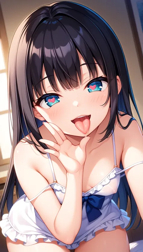 1girl, tiny girl, young girl, mesugaki, mesugaki smile, tidy, yoing lady, long hair, Black hair, short cut, white Camisole, long frilled SKIRT, small breasts, big ass, thick thighs, Teasing, naughty looks, heart eyes, Lower arm, Focus on the girl, glossly ...