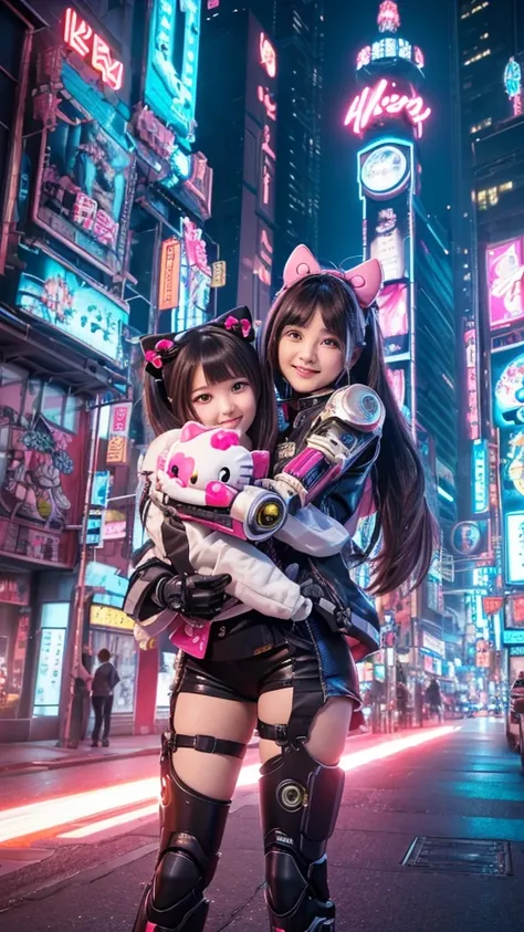 best quality, 4k wallpaper, artwork, extremely detailed wallpaper from unity CG 8k, extremely detailed eyes, Ultra-detailed, intricate details, 
1 girl, sci-fi, (h1c4tt3ch mecha, hugging hello kitty doll, cyberpunk, happy neon city, smile, hello kitty, ado...