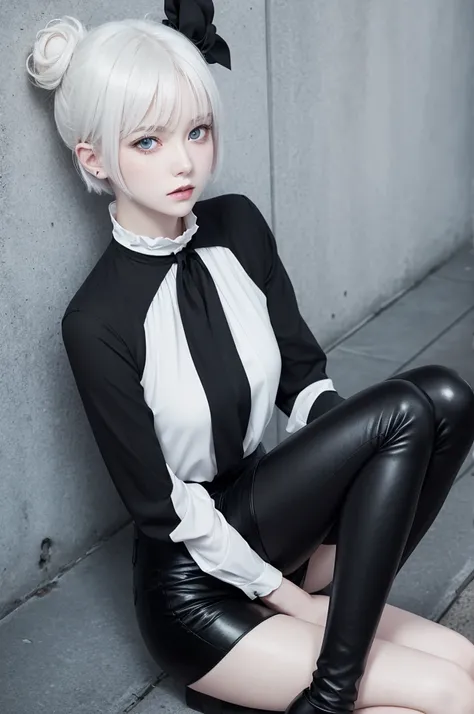 pale fair skin girl, with short white hair , pastel blue eyes, She wears a black high-neck blouse, a black blezer,black pants and black boots,(high qualiy)(アニメ)(bungo stray dogs )(manhwa)