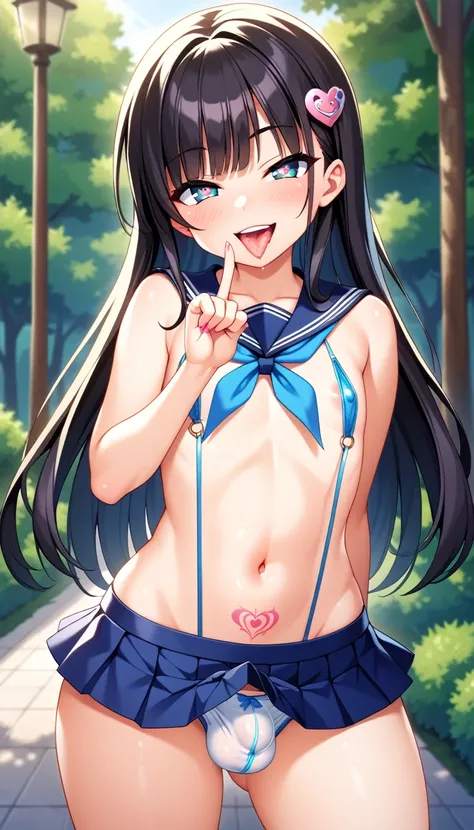 1boy, tidy, futanari, Vulgar underwear, fuck sign, fuck gesture, middle finger, vulgar gesture, sexual gesture, sexual appeal, tattoo, lewd crest, Bulge between the legs, tiny girl, young girl, mesugaki, mesugaki smile, Sailor suits, sling shots, vulgar sw...