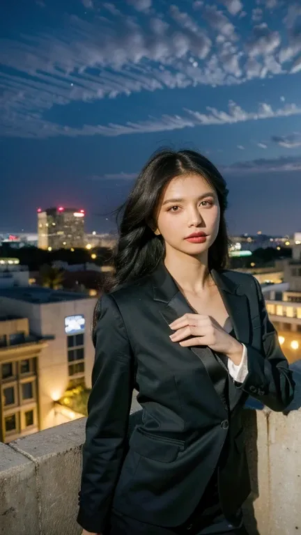 Masterpiece, best quality, ultra high res, realistic, (photorealistic:1.4), photography, rule of third, 1girl, black hair, (the girl wearing business suit), black tie, (at the top of building:1.1), night, city light, cinematic lighting, 80s filter, detaile...