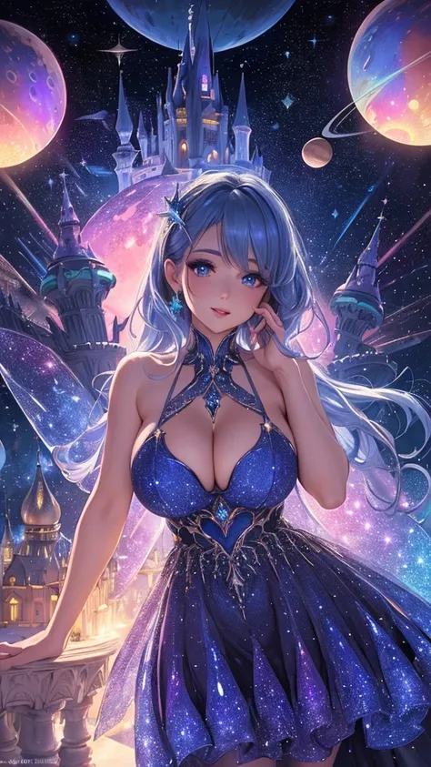  (perfect face), best quality,(magican looking in crystal), detailed castle, spaceship, surrounded by planets, dystopia, detailed shadows, colorful, cleavage, expressive lustful lips, galaxy-eyes, body thight dress, detailed dress, lifting Planets, 