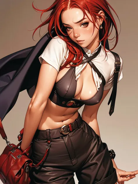 A young girl with messy red hair, wearing an eye patch over the left eye, wearing baggy firefighter pants, short top with the belly exposed and a blouse tied at the waist