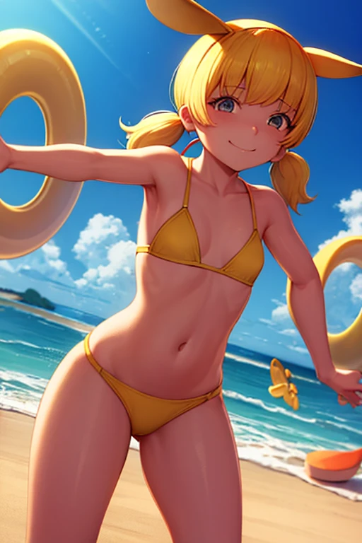 (penny gadget:1.3), yellow pigtails, Yellow hair, red bikini