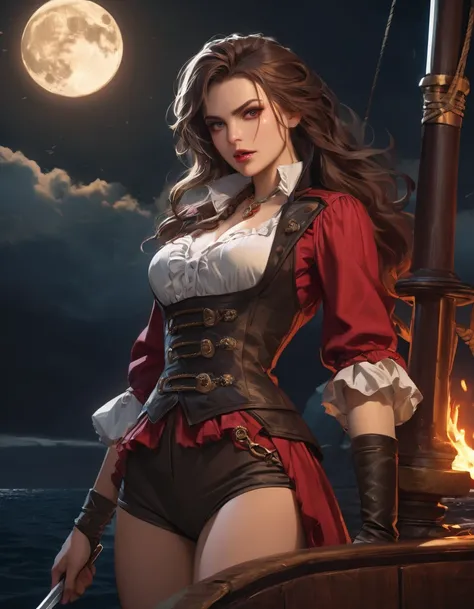 a portrait of a woman vampire pirate queen on a pirate ship ready for battle, ((full body: 1.5)), ((anatomically correct: 1.5)),...