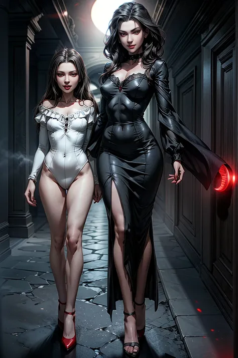 masterpiece, best quality, vampire family, full figure skinny mom whit old daughter, cinematic, moonlight, night, masterpiece, best quality, maryarya, full body shot, an elegant tall slender girl, 8k, perfect and deep shadows, detailed eyes, full body shot...