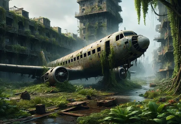 "create a 3d animation of an abandoned metropolis (2022) in the style of jakub rozalski
* rusty airplane, overgrown with moss, s...