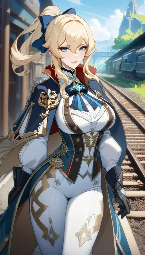 masterpiece, best quality, very aesthetic, absurdres, 1girl, mature_lady, ,1girl, jean (gunnhildrs legacy) (genshin impact), genshin impact, blonde hair, blue eyes, ponytail, gloves, long hair, capelet, bow, breasts, hair between eyes, hair bow,by the rail...