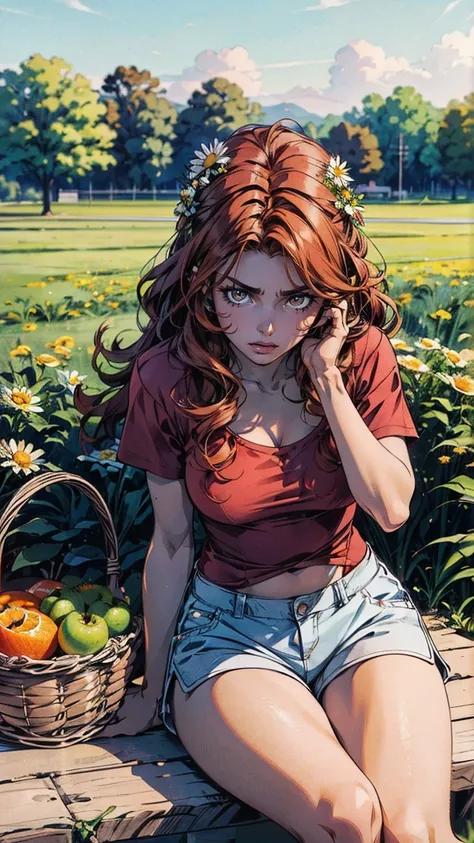 (girl:1.2),alone, (ginger long curly hair:1.1), brown eyes, Wearing a daisy wreath on your head, Sit in a daisy field, (fruit basket:1.1), blue shorts, red shirt,,raw,photographic,photo shadows,actual,Ridiculous,Aesthetic,elegant
