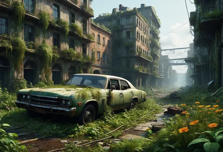 "create a 3d animation of an abandoned metropolis (2022) in the style of jakub rozalski
* rusty airplane, overgrown with moss, s...