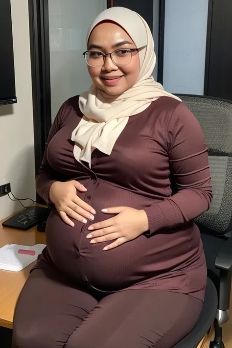 Malay milf in hijab, wearing a glasses, overweight, chubby, ssbbw, getting fat, obesse, belly getting bigger, potrait, smile, wearing a cardigan, at office, office desk, office chair, do a job, she become pregnant, third trimester, 39 weeks of pregnancy, h...