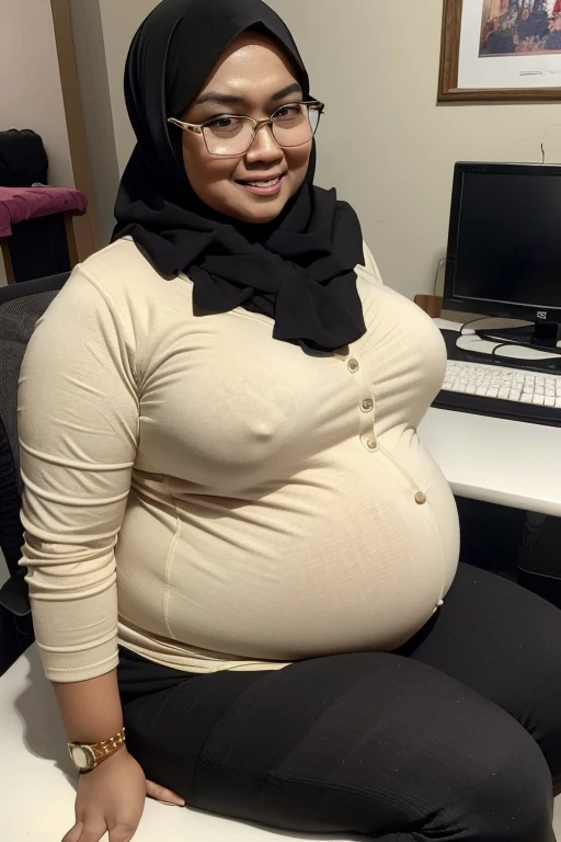 Malay milf in hijab, wearing a glasses, overweight, chubby, ssbbw, getting fat, obesse, belly getting bigger, potrait, smile, wearing a cardigan, at office, office desk, office chair, do a job, she become pregnant, third trimester, 39 weeks of pregnancy, h...