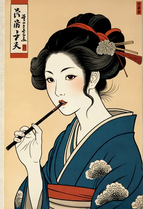 Highest quality, Hokusai&#39;s Style, Ukiyo-e, woman,smoke tube,scroll