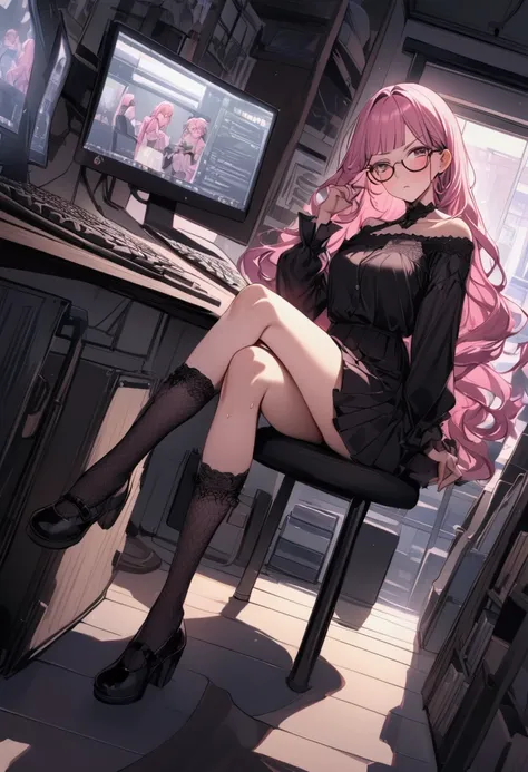 Dynamic composition,dutch angle,full body,Focus on legs,{{masterpiece}}, {{{Highest quality}}},{{Very detailed}},1girl,30years old,{Mature Woman}},otaku obsessed with fighting geeks,,{{Sit on a chair and take a rest}},{{raise one leg}},long-sleeved blouse,...