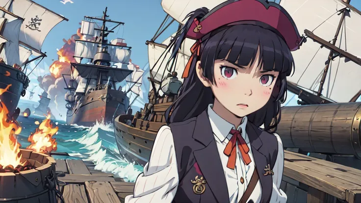 pirate戦争, Dramatic, One Girl, Hime cut, (ruri gokou), Red eyes, (pirate), pirate hat, deck, coat, Eye patch, Fierce naval battle, Brawl, pirateの旗, Artillery fire, Shattered Ship, Splash, Cannon smoke, Black sail, Fire and Destruction, bullets flying, cutla...