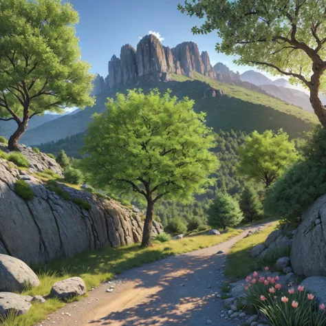 apple tree, rock gravel way, ancient landscape with epic high detail big rock ,mountain, green bush and colorful tree and flower, rocky gravel, super high detail, 8k