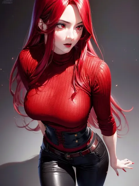 a beautiful woman with long fiery red hair, piercing red eyes, wearing a red sweater and black pants with boots, with a voluptuo...