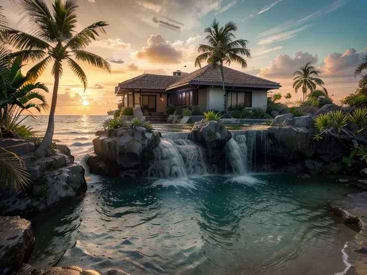 villa with waterfall, little river, swimming pool and garden with flowers, tropical beach at sunset, tropical beach, serene beach, beautiful detailed waves, spectacular sunset sky, snow covered palm trees, sun peeking through the clouds, (best quality, 8k,...