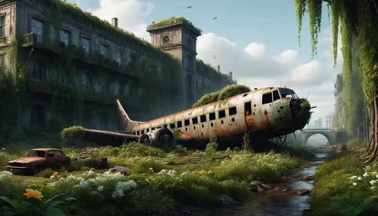 “create a 3d animation of an abandoned metropolis (2022) in the style of jakub rozalski * rusty helicopter covered in moss, show...