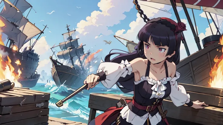 pirate戦争, Dramatic, One Girl, Hime cut, (ruri gokou), Red eyes, (pirate), pirate hat, deck, coat, Eye patch, Bare shoulders, Fierce naval battle, Brawl, pirateの旗, Artillery fire, Shattered Ship, Splash, Cannon smoke, Black sail, Fire and Destruction, bulle...