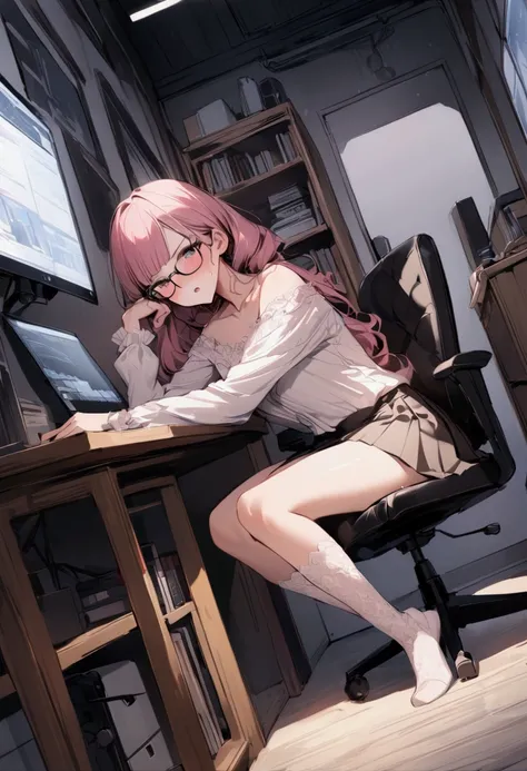 Dynamic composition,dutch angle,full body,Focus on legs,{{masterpiece}}, {{{Highest quality}}},{{Very detailed}},1girl,30years old,{Mature Woman}},otaku obsessed with fighting geeks,,{{Sit on a chair and take a rest}},{{raise one leg}},long-sleeved blouse,...