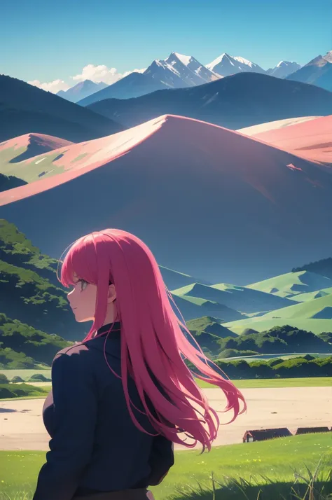 girl with pink hair against the background of sky and grass, with mountains in the background