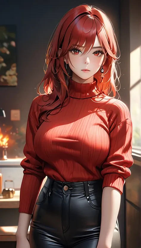 a beautiful woman with long fiery red hair, piercing red eyes, wearing a red sweater and black pants with boots, with a voluptuo...