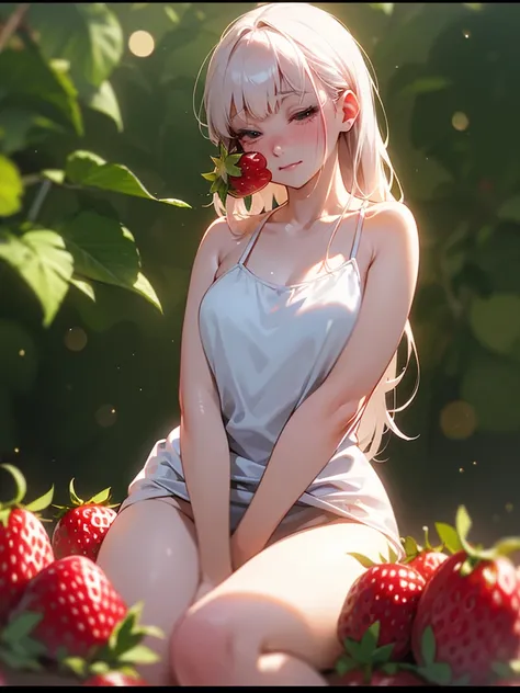 (Sumilux f1.4 50mm , low Latitude old color negative film , cross process , bokeh, flare, chromatic aberration , soft focus, (Shallow focus) , soft glow , Maximum aperture, low Key , Transparent depiction)  , (coquettish bbw) , ２ small strawberrys , Caress...