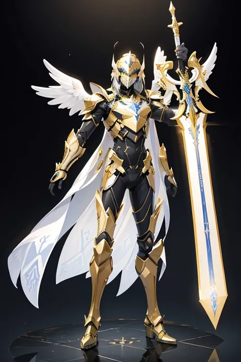 angel exoskeleton armor helmet with cross symbol templars gold color with a spear in hand full body facing the viewer white background