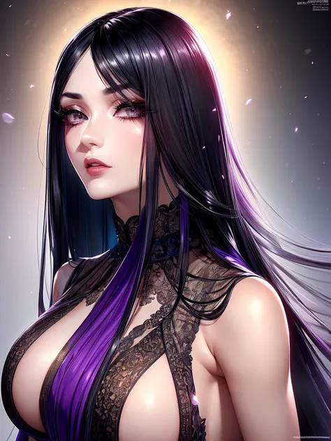 a woman with black eyes and long black hair, wearing a beautiful purple spring dress, with a large bust, detailed portrait, hyper realistic, 8k, high quality, photorealistic, cinematic lighting, dramatic colors, elegant, graceful, charming, alluring, myste...