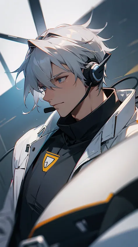 Man with gray hair using headset