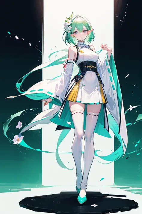 ((Long light green cyan hair))，purple eyes，Broken hair curtain，A faint smile， (chiffon dress, uniform white flower pattern)/= (military uniform: 1.24),(white miko thighhighs), high heeled boots,cropped shoulders，Elf Girl，Super good figure，Color hair cards，...