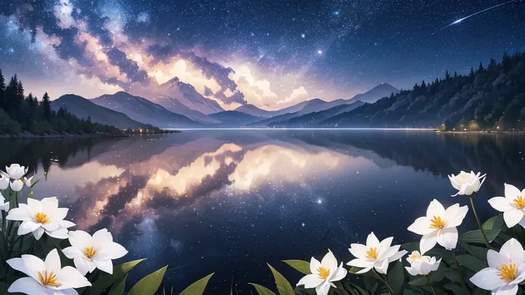 CG, unity, 8k, wallpaper, highest quality, masterpiece, best lighting, complex textile, detailed background, Landscape painting, Spectacular starry sky with the Milky Way visible, nebula, night, Effect of dancing petals, vast flower garden, quiet flower ga...