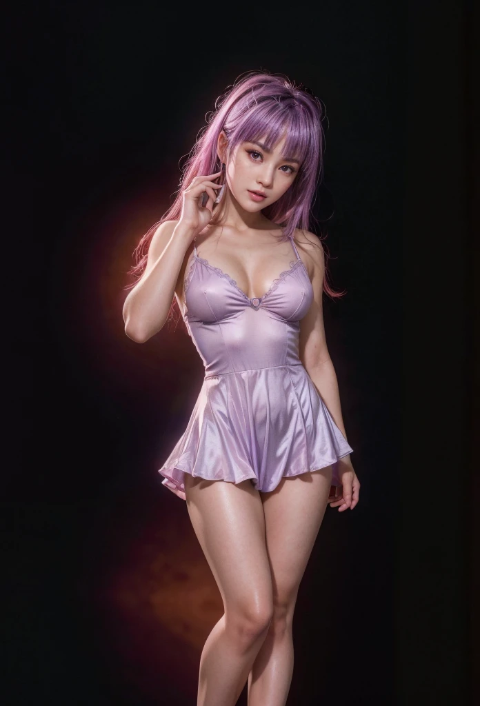 Ayane, cabelo roxo, Eyes red, (best quality, ultra details), (realisitic:1.37), beautiful and detailed face, ultra-realisitic texture, 精致的面容, Delicate body, red lipgloss stick, long-lasting colors. High definition, 8k. NAKED