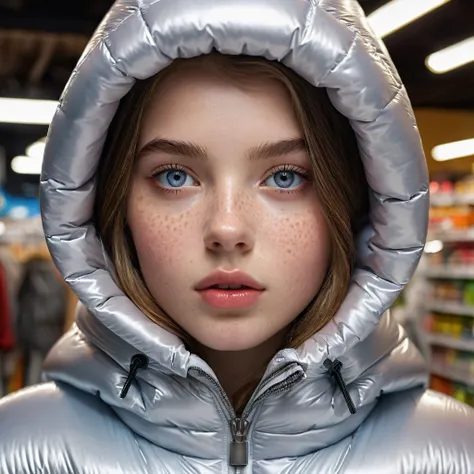 a slim european 14 year old girl,beautiful detailed eyes,beautiful freckles,beautiful detailed lips,extremely detailed eyes and face,longeyelashes,in hooded closed hyper inflated hyper filled super gleamy thick glossy puffer jacket,symmetrical,standing in ...