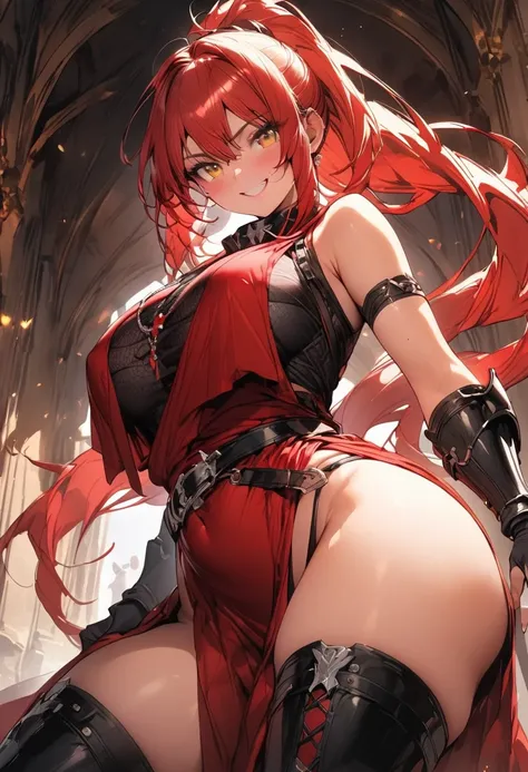 (masterpiece),(best quality),(ultra-detailed),(best illustration),(best shadow),(absurdres),(detailed background),(very aesthetic), knight, long hair, red hair, ((Ponytail)), yellow eyes, perfect face, black armor,, ((exposed arm)), red_ornaments, red_taba...