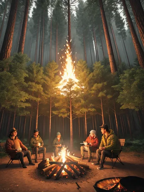 make funny 4d caricature some people are sitting around a campfire, while drinking hot coffee, the natural atmosphere is very cold, they wear thick jackets. around the location of the open ground and some big trees, many birds also lean and warm their bodi...