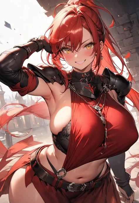 (masterpiece),(best quality),(ultra-detailed),(best illustration),(best shadow),(absurdres),(detailed background),(very aesthetic), knight, long hair, red hair, ((Ponytail)), yellow eyes, perfect face, black armor,, ((exposed arm)), red_ornaments, red_taba...