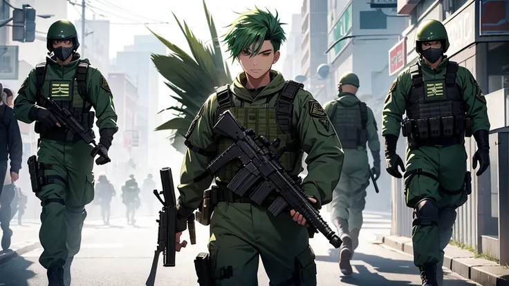 Young man with green hair, SWAT team, goes out to attack, holding a weapon, full body image.