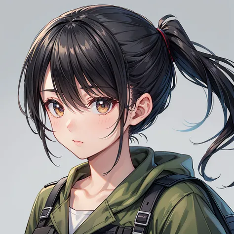 Black Hair　ponytail　Half Up　One person　military　beautiful girl　Droopy eyes　Expose