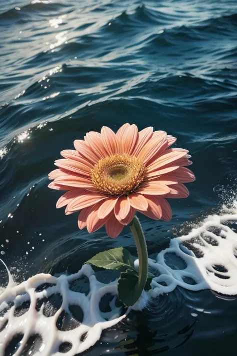 A gerbera in the middle of sea waves