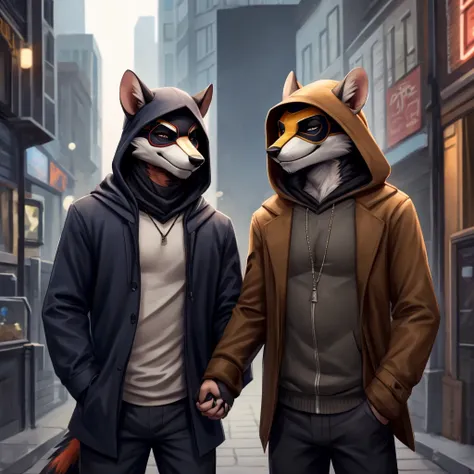 ratel standing alone with urban clothes such as a cold coat with the hood on his head, one hand in his pocket and the other hand holding a Guy Fawkes Mask close to his chest, with a serious look and a slight smile, Bustness