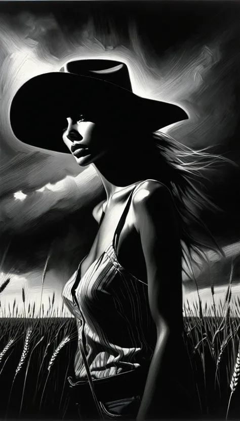 a sexy girl with a cowboy hat, in the middle of a wheat field, serious, staring, dark clouds, eroticism, sexy image, black and white, between shadows, oil painting, chiaroscuro, sensual lighting, dramatic atmosphere, changing, emotional impact, art inspire...