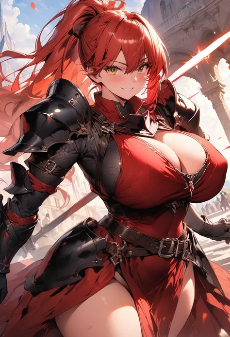 (masterpiece),(best quality),(ultra-detailed),(best illustration),(best shadow),(absurdres),(detailed background),(very aesthetic), knight, long hair, red hair, ((Ponytail)), yellow eyes, perfect face, black armor,, ((exposed arm)), red_ornaments, red_taba...