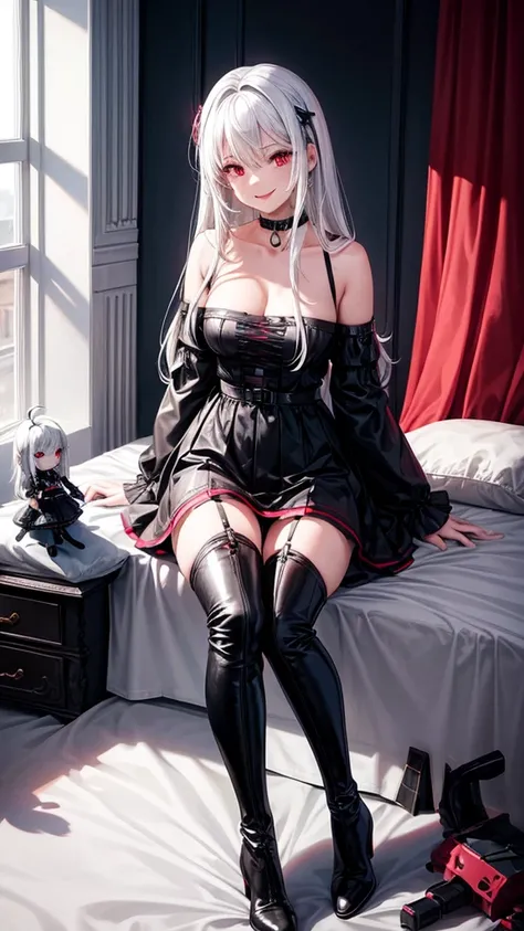 1 girl, bed, dress, wear, thigh high boots, heels, black boots, Fine, , White hair, Red eyes, choker, skirt, room, toys, is sitting, smile, 