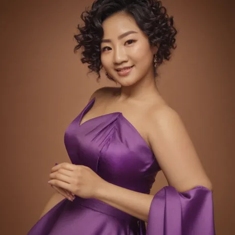 A beautiful Asian woman with curly eyelashes holds 3 cards in her hand and shows them, wearing a purple dress smiling, head showing all not cut off